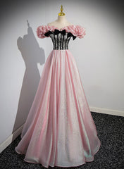 Elegant A-line Pink Off Shoulder Long Evening Dress, Pink with Black Lace Long Prom Dress