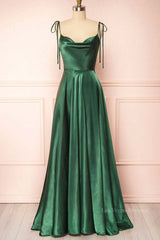 Elegant Backless Green Satin Long Prom Dresses, Backless Green Formal Graduation Evening Dress