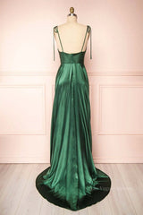 Elegant Backless Green Satin Long Prom Dresses, Backless Green Formal Graduation Evening Dress