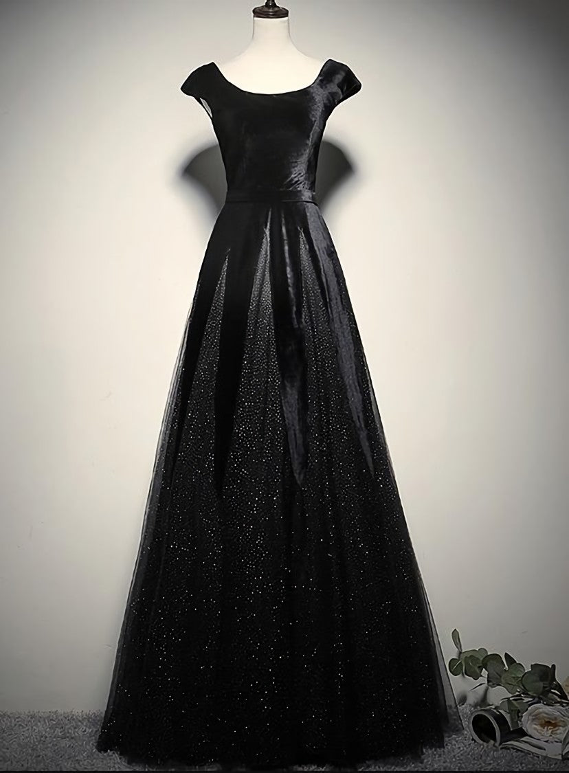 Elegant Black Velvet Cap Sleeves Evening Dress, Black Prom Dress