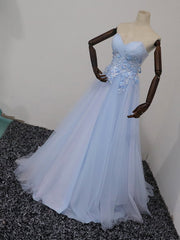 Elegant Blue Tulle Sweetheart Party Dress Formal Dress, Blue Lace Applique Prom Dress 2022