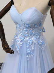 Elegant Blue Tulle Sweetheart Party Dress Formal Dress, Blue Lace Applique Prom Dress 2022