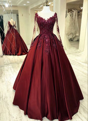 Elegant burgundy wedding dress lace long sleeves ball gown sheer neckline for women prom dress, evening dress