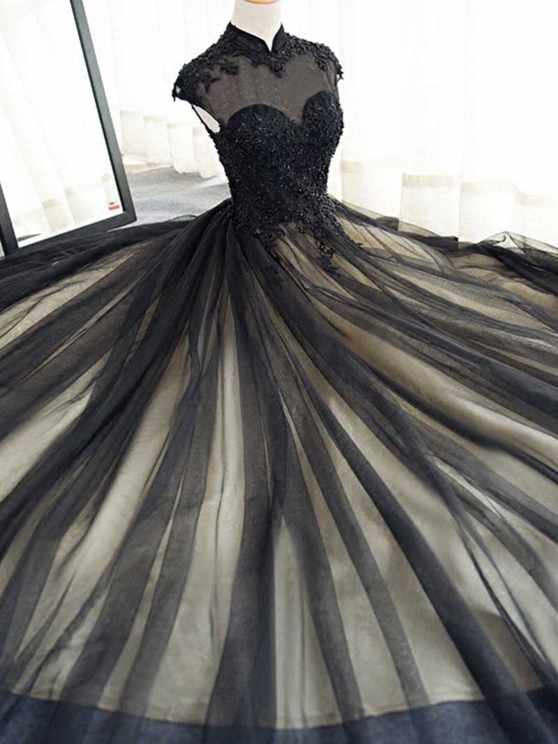 Elegant High Neck Swee Train Rhinestone Prom Dress, Black Formal Dress