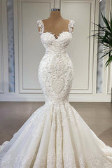Elegant Ivory Long Mermaid Sweetheart Ruffles Lace Wedding Dresses