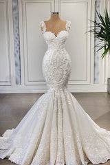 Elegant Ivory Long Mermaid Sweetheart Ruffles Lace Wedding Dresses