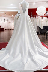 Elegant Long A-line V Neck Satin Ruffles Open Back Wedding Dresses