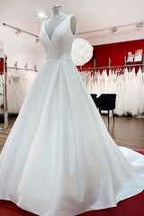Elegant Long A-line V Neck Satin Ruffles Open Back Wedding Dresses