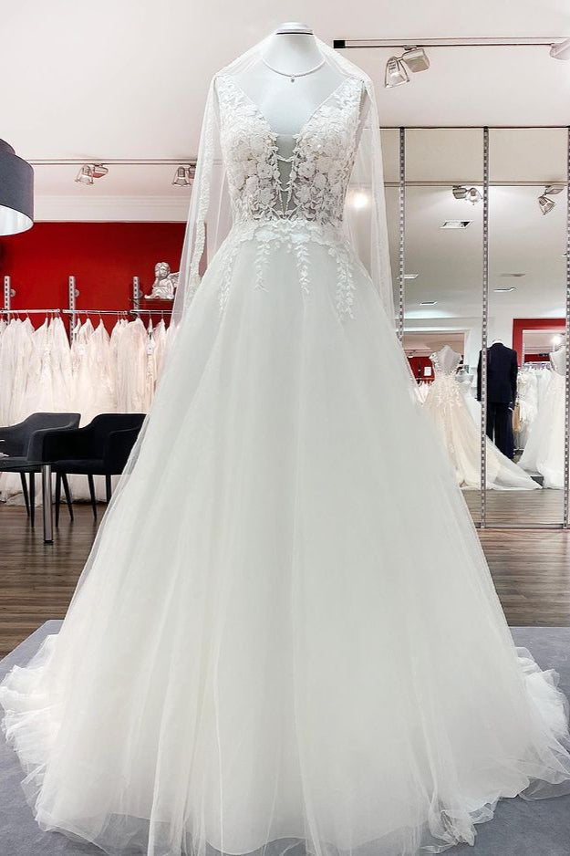 Elegant Long A-line V Neck Tulle Lace Open Back Wedding Dress