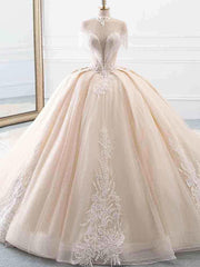Elegant Long Ball Gown High Neck Tassel Sleeves Tulle Wedding Dresses