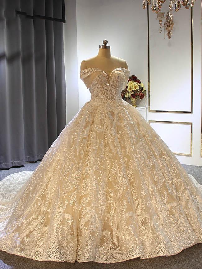 Elegant Long Ball Gown Off the shoulder Tulle Lace Wedding Dresses
