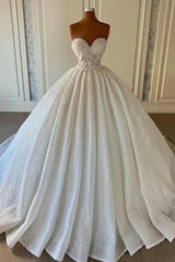 Elegant Long Ball Gown Sweetheart Sleeveless Sequined Tulle Lace Wedding Dresses