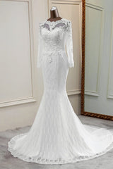 Elegant Long Mermaid Tulle Jewel Wedding Dress with Sleeves
