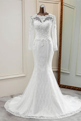 Elegant Long Mermaid Tulle Jewel Wedding Dress with Sleeves