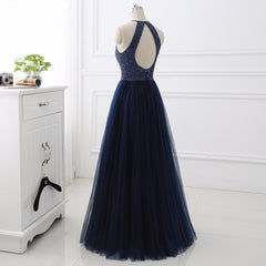 Elegant Navy Blue Halter Beaded Long Evening Dress, Prom Dress