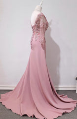 Elegant Pink Long Sleeves Lace Applique Long Party Dress, Pink Prom Dress