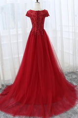 Elegant Red Tulle Long Prom Dress with Lace Applique, Red Party Gowns