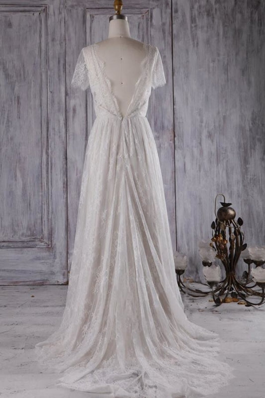 Elegant Short Sleeve A-line Lace Wedding Dress