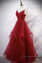Elegant V Neck Open Back Sequins Burgundy Long Prom Dress, Shiny Burgundy Formal Dress, Fluffy Burgundy Evening Dress