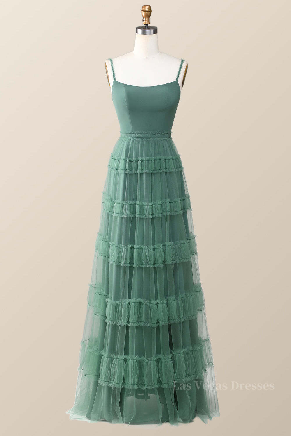 Eucalyptus Tulle Ruffle Long Dress with Straps
