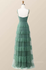 Eucalyptus Tulle Ruffle Long Dress with Straps