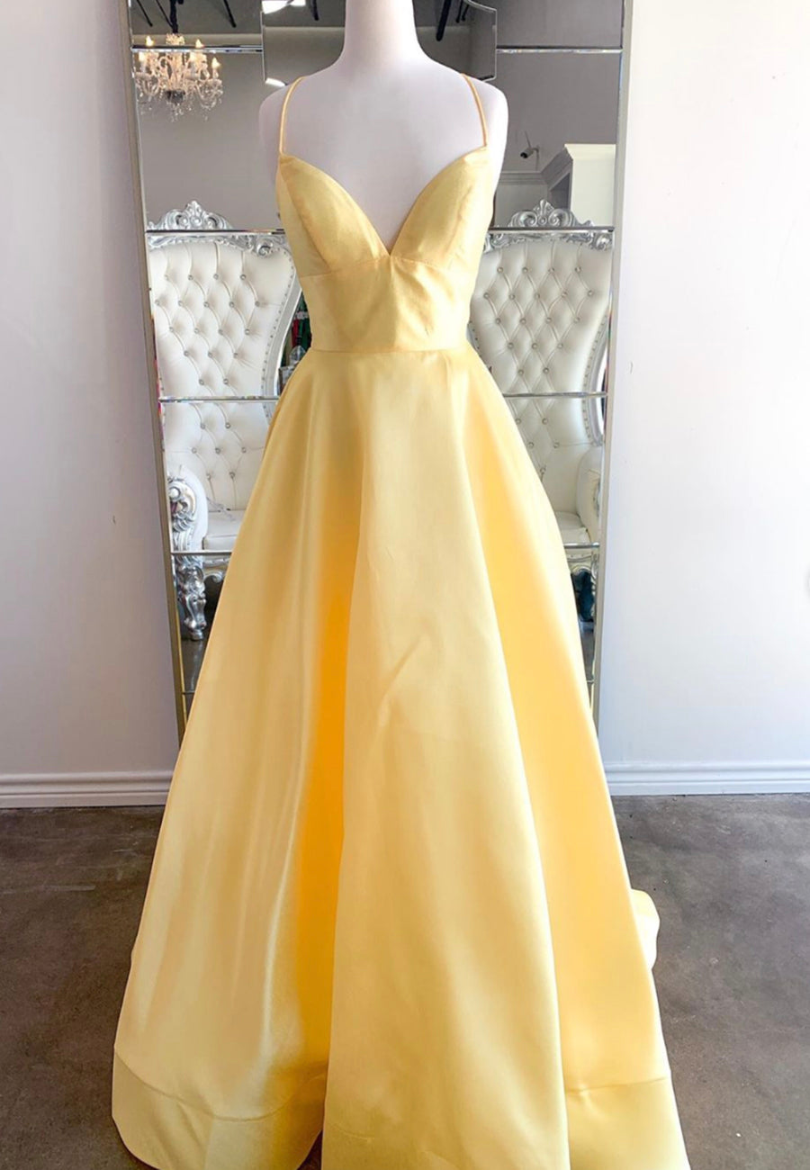 Yellow Satin Long Prom Dresses, A-Line Backless Evening Dresses
