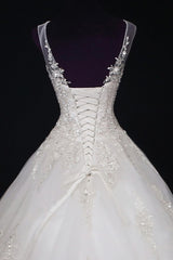 2024 A Line Wedding Dresses, Scoop Tulle With Applique And Beads Lace Up