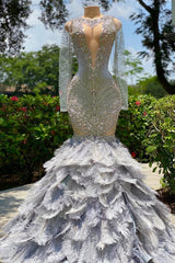 Fabulous Long Mermaid V-neck Sequined Beading Feather Tulle Prom Dress with Sleeves