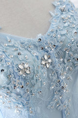 Fashion Sweetheart Long Tulle Sky Blue Prom Party Gowns with Sequins