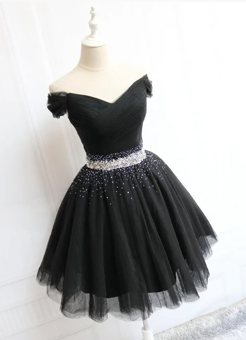Fashionable Black Short Beaded Party Dress, Black Prom Dress