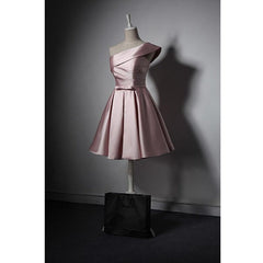 Fashionable Pink Knee Length Satin Short Prom Dress, One Shoulder Bridesmaid Dress