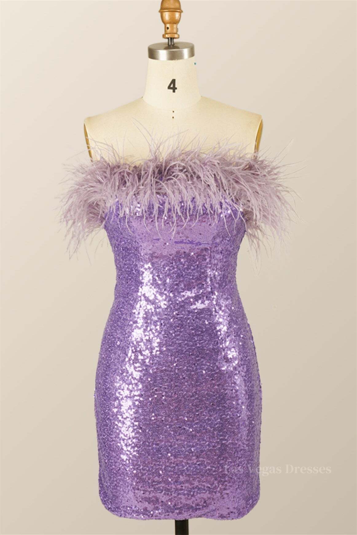 Feather Strapless Purple Sequin Mini Dress