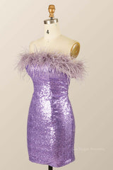 Feather Strapless Purple Sequin Mini Dress