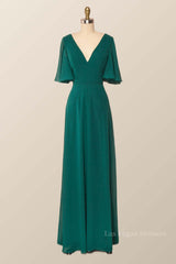 Flare Sleeves Green Chiffon Long Bridesmaid Dress