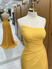 Simple Yellow Satin Long Prom Dress, Yellow Formal Dress
