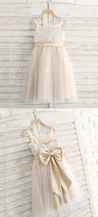 A Line Spaghetti Straps Light Champagne Flower Girl Dress With Lace
