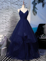 Prom Dress Places Near Me, Beautiful Navy Blue Tulle V-neckline Straps Long Party Dress, Blue Formal Gown