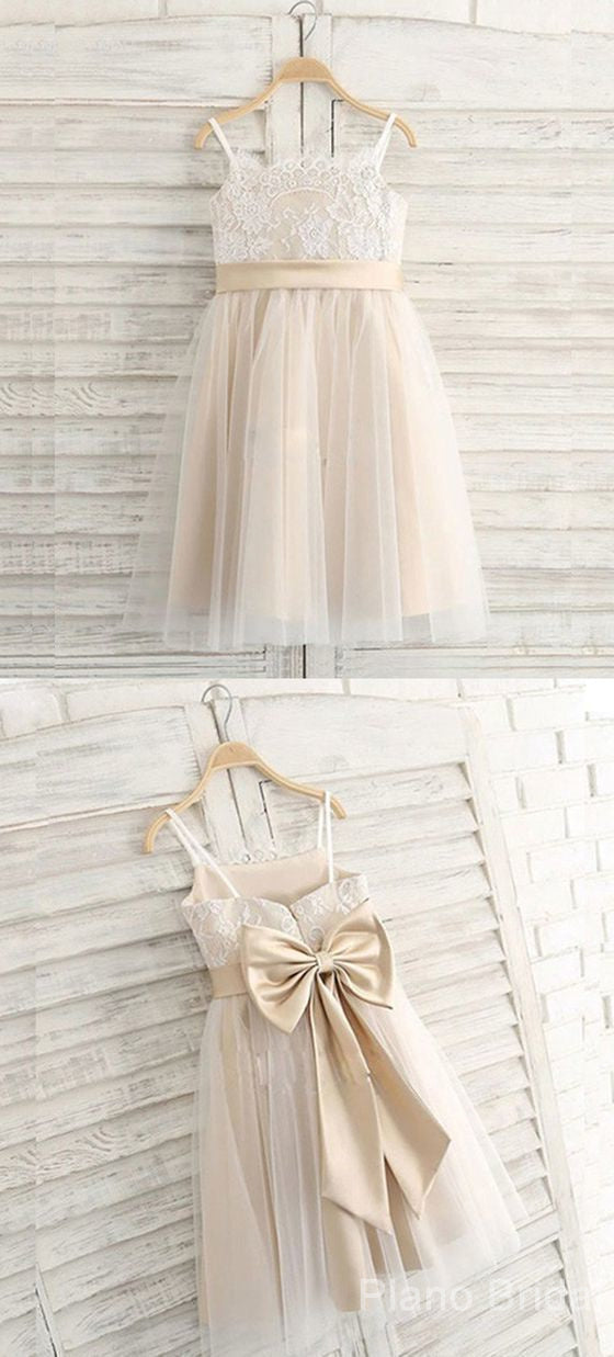 A Line Spaghetti Straps Light Champagne Flower Girl Dress With Lace