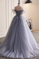 Glam Blue-Grey Tulle with Lace Applique Long Party Dress, Tulle Formal Dress Evening Gown