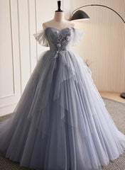 Glam Blue-Grey Tulle with Lace Applique Long Party Dress, Tulle Formal Dress Evening Gown