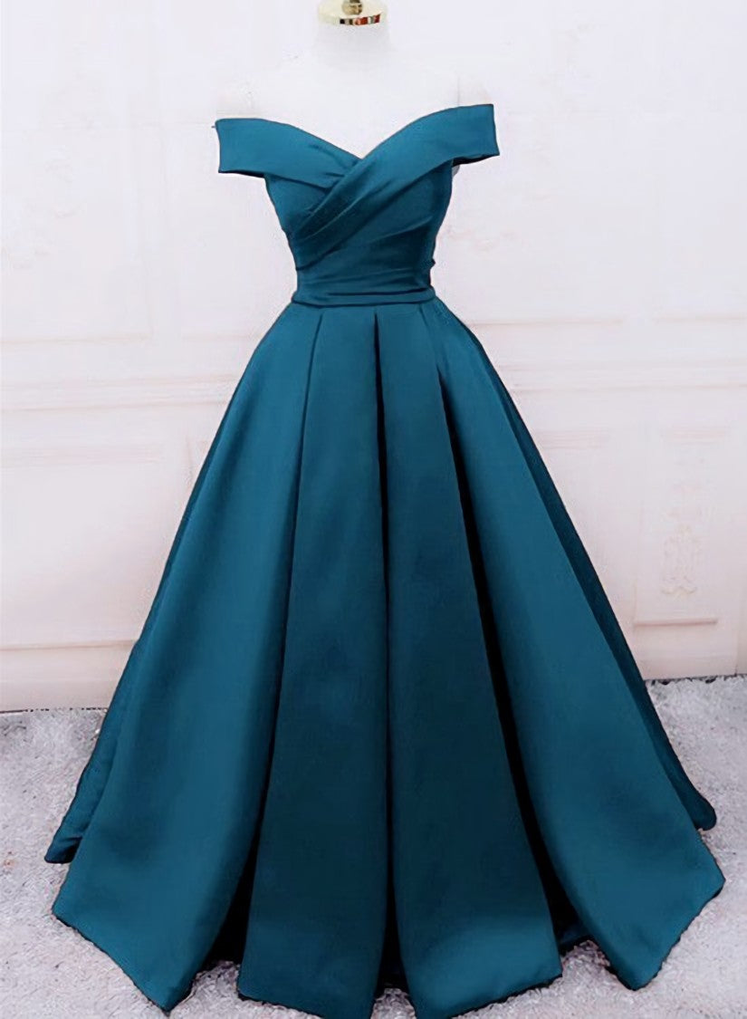 Glam Blue Satin Long Off Shoulder Party Dress, A-line Prom Dress
