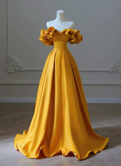 Gold Satin Sweetheart Off Shoulder A-line Prom Dress, Satin Evening Dress