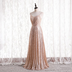 Gold Sequins Sweetheart Simple Spaghetti Straps Long Party Dress, Sequins Prom Dress Bridesmaid Dress