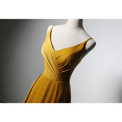 Goleden V-neckline Straps Long Party Dress with Leg Slit, Long Gold Evening Dress Prom Dress