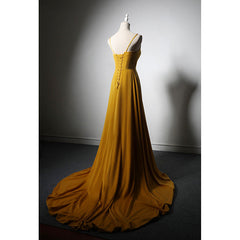 Goleden V-neckline Straps Long Party Dress with Leg Slit, Long Gold Evening Dress Prom Dress