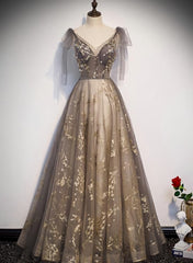 Gorgeous A-line V-neckline Long Party Dress Prom Dress, Lace Evening Dresses