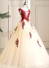 Gorgeous Champagne Tulle Long Sweet 16 Dress with Red Lace, Formal Gown