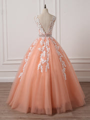 Gorgeous Coral Tulle  High Quality V-neck Lace Appliques Beads Party Dress, Long Formal Dress