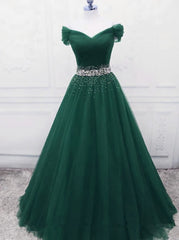 Gorgeous Dark Green Tulle Off Shoulder Long Party Dress, Prom Gown