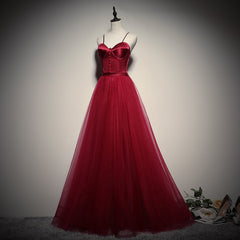Gorgeous Dark Red Straps Tulle Long Party Dress, A-line Formal Dress